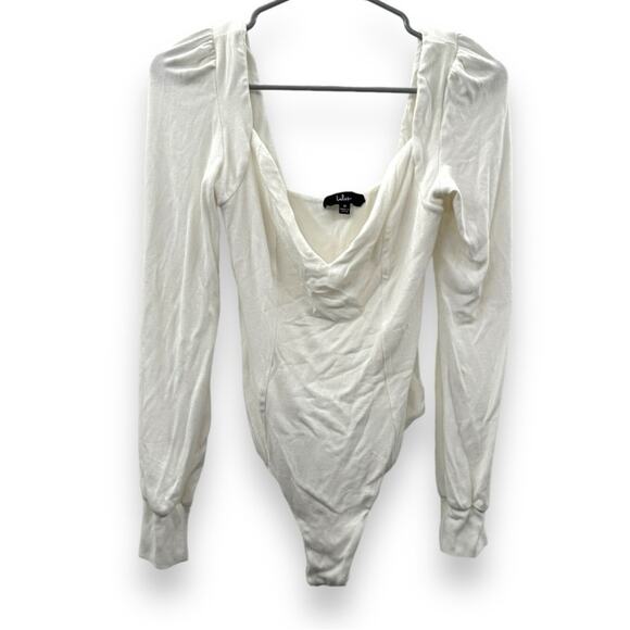 Lulus White‎ Ribbed Long Sleeve V Neck Thong Snap Bodysuit Size M - Picture 1 of 11